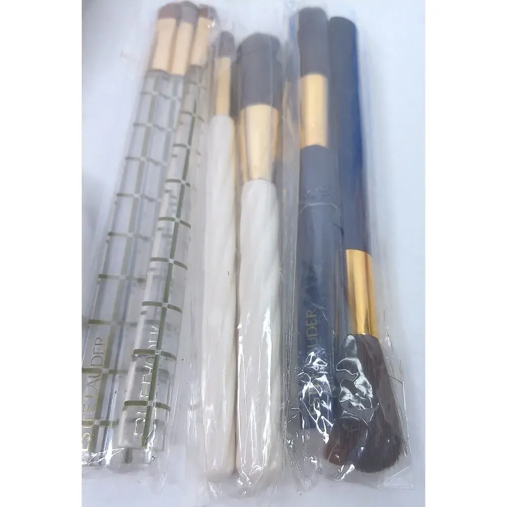 Vintage Estee Lauder Make Up Brush Lot With Pouch 3 Sets Navy White Gold Plaid